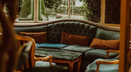 Luxurious hotel lounge with classic interior design, Stresa, Italy.