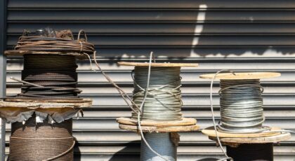 Multiple large spools of industrial cable placed outdoors in front of a closed shutter.