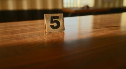 A wooden table with a number 5 card in a softly lit room, capturing the warm ambiance.
