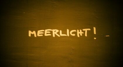 Graffiti reading 'Meerlicht' on a dark textured wall in warm lighting.